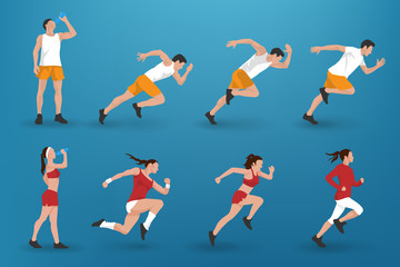 Set of different athlete man and woman silhouettes running, jogging or sprinting
