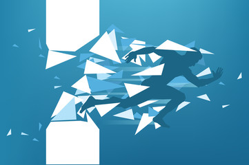 Power concept, running trough and breaking wall of obstacle. Conquering challenge.