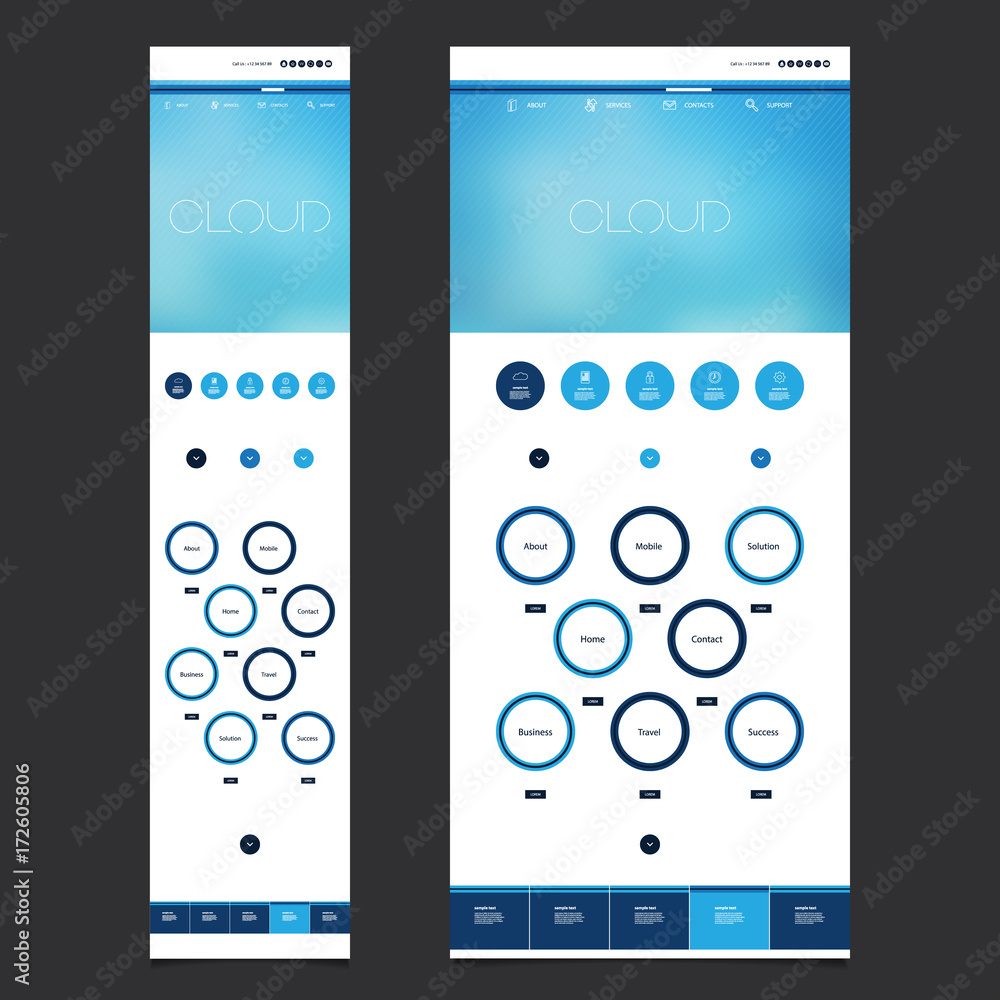 Poster responsive one page website template layout - blurred header design - desktop and mobile version