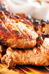 Grilled ribeye beef steak with tomatoes, herbs and spices. Selective focus