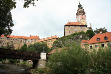 View to bridge over Vitava river and castle in Cesky Krumlov, Czech republic, Czechia, Heritage Unesco.