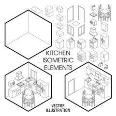 Isometric kitchen interior constructor. Vector set of isometric Furniture elements of home interior isolated on white background. Flat 3d design template