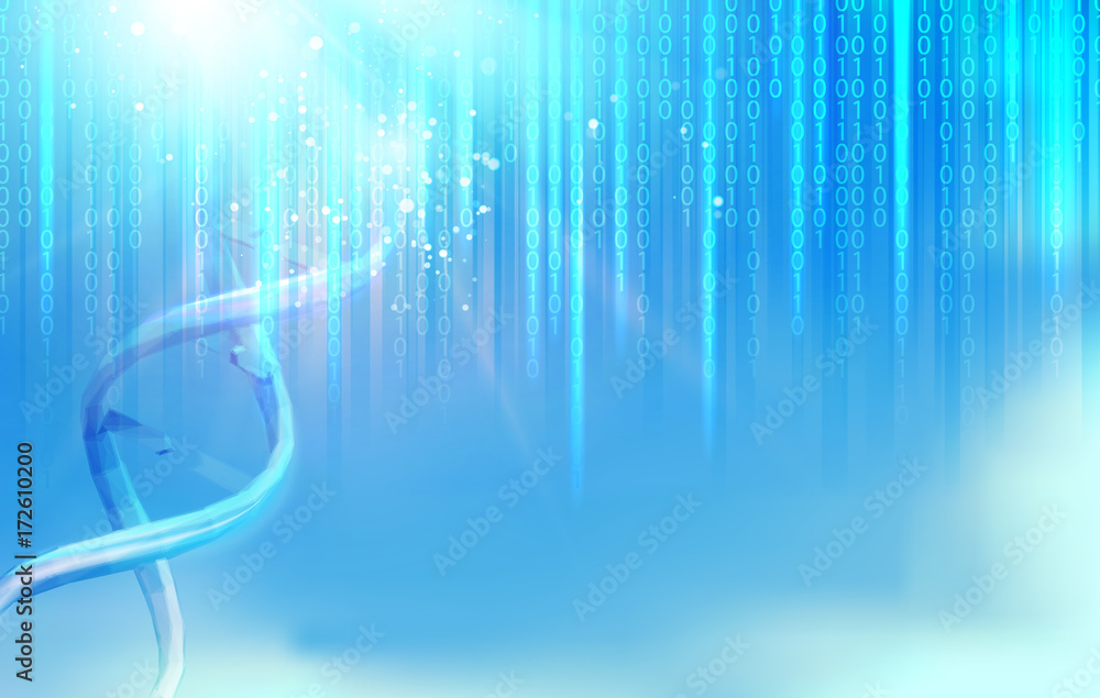 Poster Scince illustration of bigdata with DNA molecule. Abstract binary code in matrix style over blue background. Dna bigdata visualization. Vector illustration.