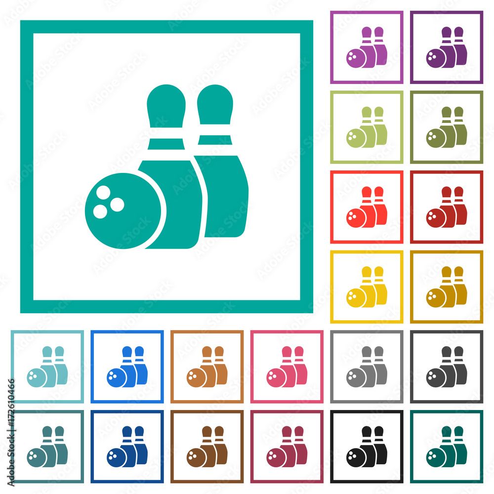 Poster bowling flat color icons with quadrant frames