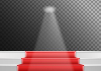 Fototapeta premium Illustration of Vector Stairs Template. 3D Realistic Vector Winner Stage Stairs with Red Carpet and Bright Light