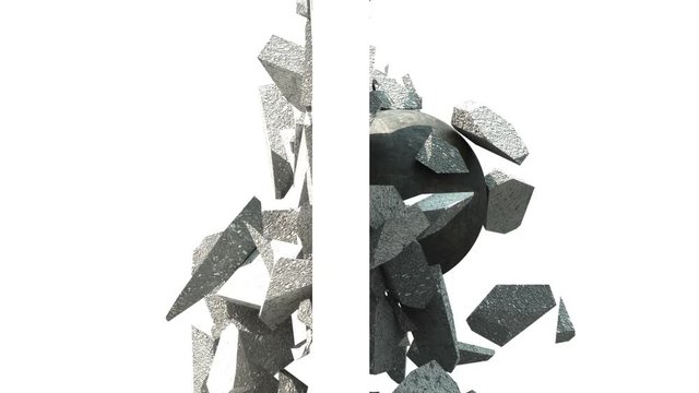 Metallic Wrecking Ball Shattering The Wall. Side View. 3D Animation.