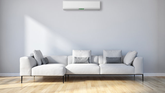Modern bright empty room with air conditioning, white wall. 3D rendering