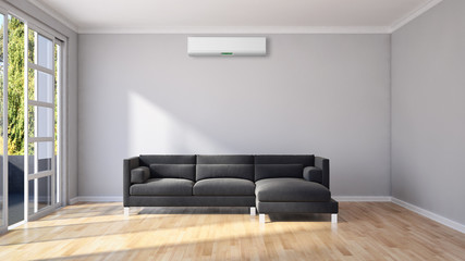 Modern bright empty room with air conditioning, white wall. 3D rendering