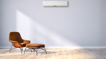 Modern bright empty room with air conditioning, white wall. 3D rendering