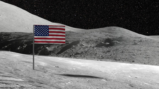 American Flag Stuck In The Rocky Moon Surface With Stars