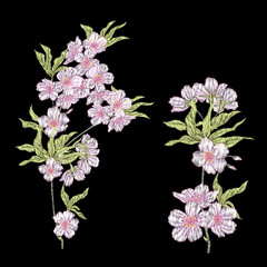 Embroidery. Embroidered design elements with sakura flowers and 