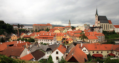 Fototapeta na wymiar Panorama of the Old Town in Cesky Krumlov with colorful houses, Czechia, Heritage Unesco. 