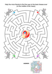 Maze game for kids: Help the mice friends to find the way to the best cheese ever. Answer included.
