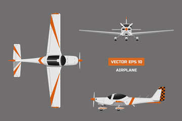 Fast sports airplane on gray background. View from above, front, side. Aircraft for training. Plane for flight academy