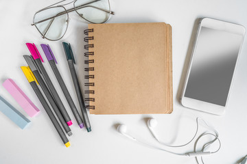 school supplies on white background top view.