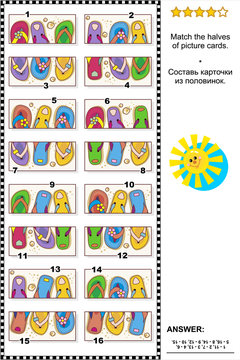 Visual puzzle: Match the halves of picture cards with colorful flip-flops. Answer included.
