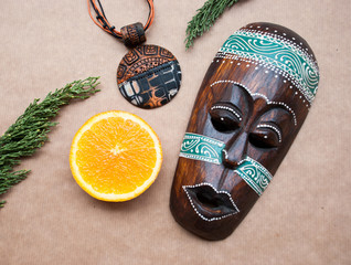 African Mask with artisan jewelry. Handmade jewelry fron polymer clay. Tribal style.