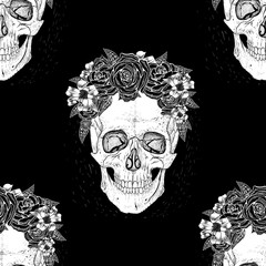 Skull and beautiful flowers. Hand-drawn style. Seamless pattern