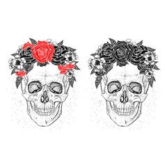 Skull and beautiful flowers. Hand-drawn style.