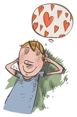 Young boy dreams of love. Vector illustration