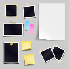 Vector set of blank paper objects. Empty white sheet of A4 format, photo frames, yellow sticky notes. Realistic empty paper templates with soft shadows isolated on gray background.