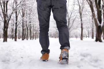 bearded man walking in a winter park