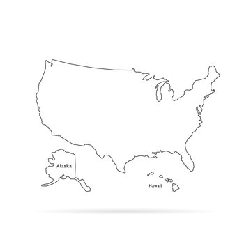 thin line usa map with other territories and shadow