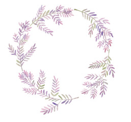 watercolor illustration, a wreath of purple leaves, lilac, green, for postcards, greeting cards, invitations, background, wedding, baby