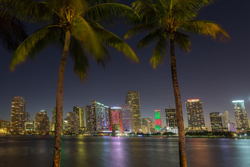 Fototapeta na wymiar Miami skyline and bay adter sunset through two palm trees. Florida.