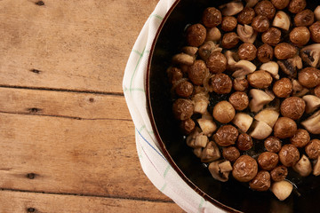 Fried potatoes and mushrooms in frying pan