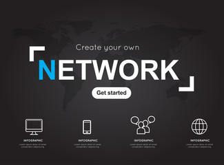 Network icons with world black map for business