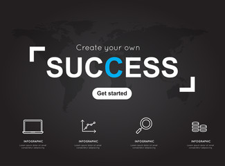 Success icons with world black map for business