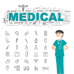 Physician with medical icons set on white background