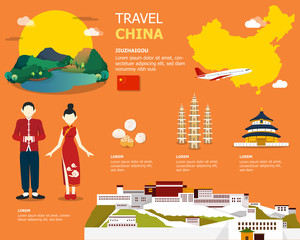 Map of the China and landmark icons for traveling