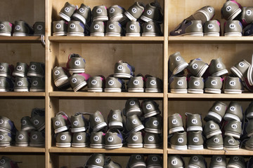 Bowling shoes on a rack