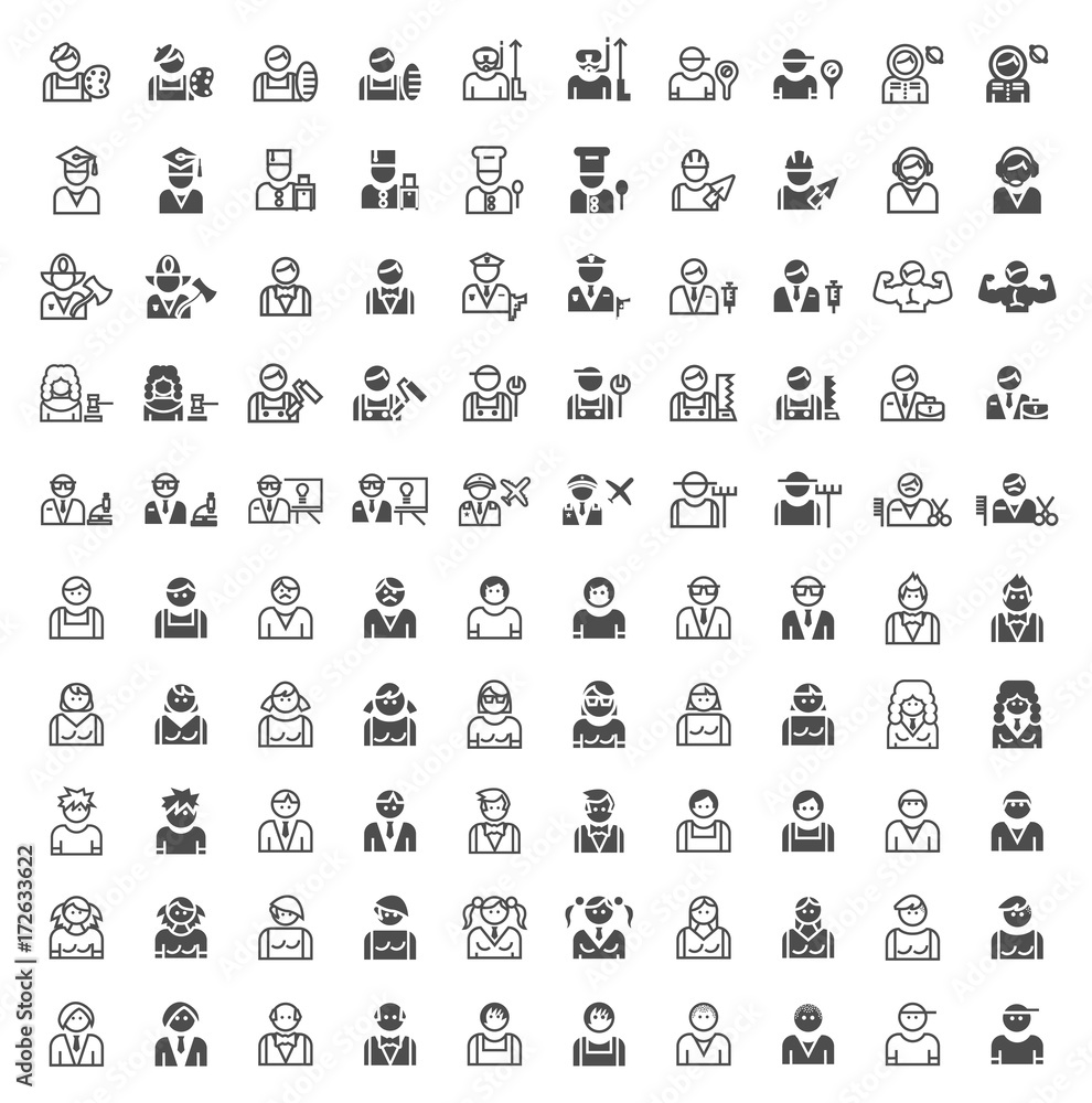 Poster set of 100 people and professions minimal and solid icons . vector isolated elements