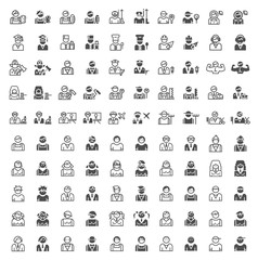 Set of 100 People and Professions Minimal and Solid Icons . Vector Isolated Elements