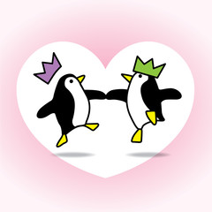 Two Dancing Penguins Partying on White Heart