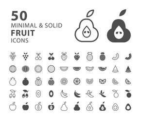 Set of 50 Minimal and Solid Fruit Icons on White Background . Vector Isolated Elements