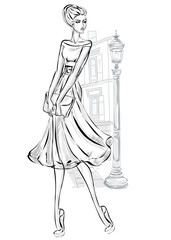 Black and white sketch style beautiful young woman model wearing cocktail dress with clutch at the city background vector illustration - 172636234