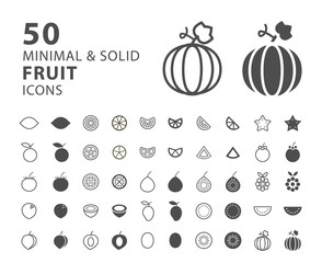 Set of 50 Minimal and Solid Fruit Icons on White Background . Vector Isolated Elements