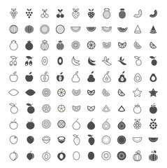 Set of 100 Fruit Minimal and Solid Icons on White Background . Vector Isolated Elements