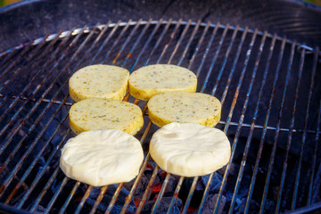 roasted cheese on the grill, on a picnic.