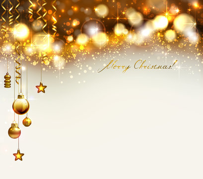Bright glimmered Christmas background with gold evening balls and baubles