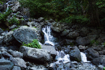 A stream from a waterfall in the mountains runs through the rocks