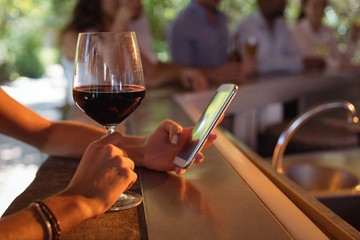 Hand of woman using mobile phone while having a glass of wine