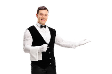 Waiter gesturing with his hand