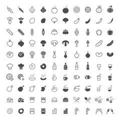 Set of 100 Vegetables and Food Minimal and Solid Icons on White Background . Vector Isolated Elements