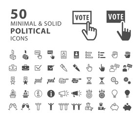 Set of 50 Minimal and Solid Political Icons on White Background . Vector Isolated Elements