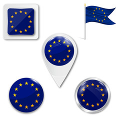 Set of icons of the European Union flag in different designs on white background. Realistic vector illustration. Button, pointer and checkbox.
